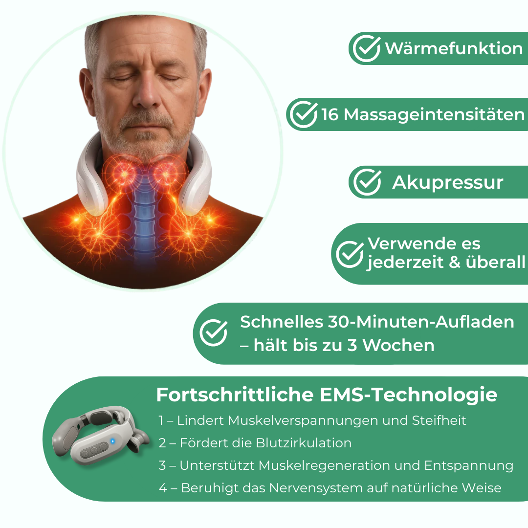 Neckify® 12-in-1 Nackenlösung – Tiefenwärme-Massage mit TENS & EMS gegen Nackenverspannungen