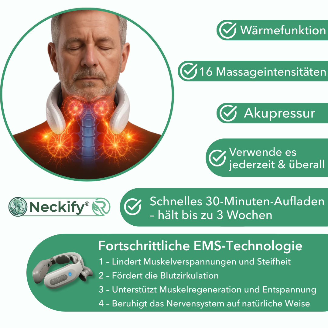 Neckify® 12-in-1 Nackenlösung – Tiefenwärme-Massage mit TENS & EMS gegen Nackenverspannungen