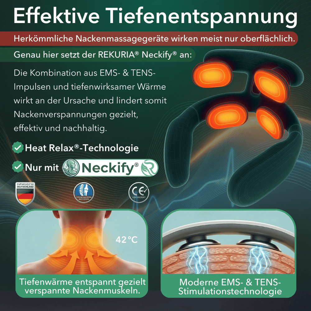 Neckify 12 - in - 1 Nackenlösung – Tiefenwärme - Massage mit TENS & EMS gegen Nackenverspannungen - Rekuria
