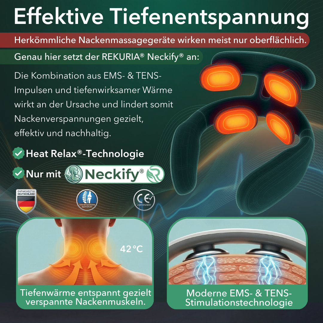 Neckify® 12-in-1 Nackenlösung – Tiefenwärme-Massage mit TENS & EMS gegen Nackenverspannungen