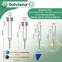 Solviana® 360° Stimmgabel-Set – Klangtherapie Set mit 4 Heilfrequenzen (128 Hz, 256 Hz, 512 Hz & 528 Hz)